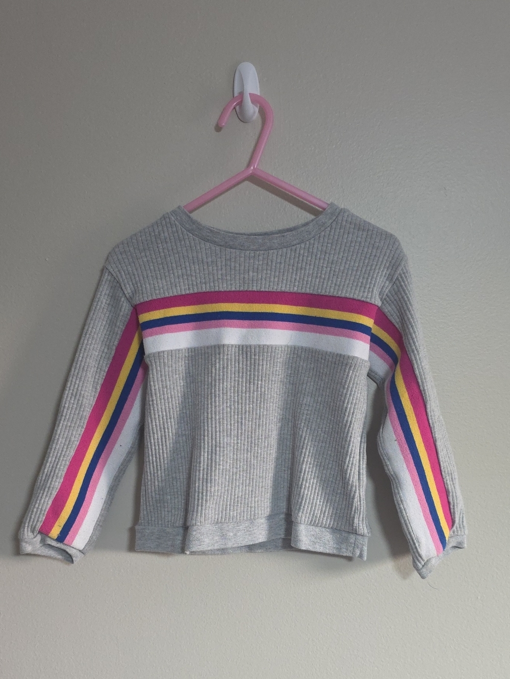 Girls' Grey Ribbed Long-Sleeve Top with Colorful Stripes